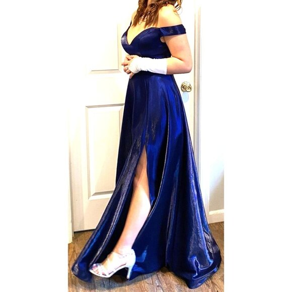 Elegant Navy Blue Gown Size 4 Shimmer Off‑Shoulder A‑Line High Slit Lace‑Back - Picture 1 of 16